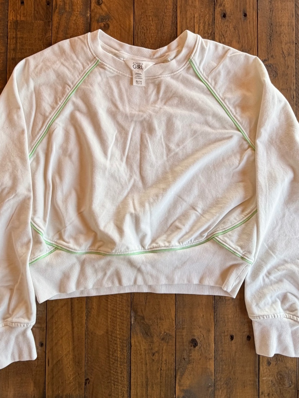 Athleta Girl Cropped Sweatshirt XL 14 Cream White Pullover w/ Green Trim